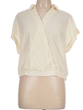 Pleione Cream Short Sleeve Wrap-Front Blouse